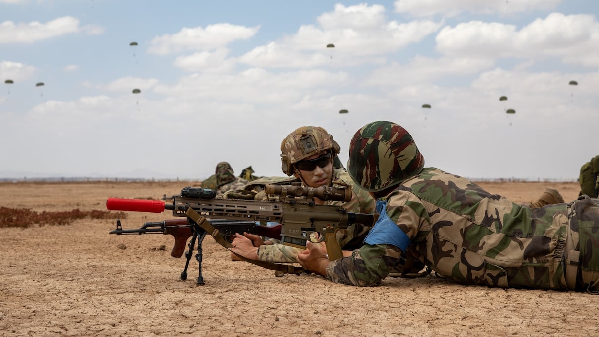 Des soldats américains et marocains lors d'un exercice conjoint dans le cadre de l'édition 2023 de African Lion.