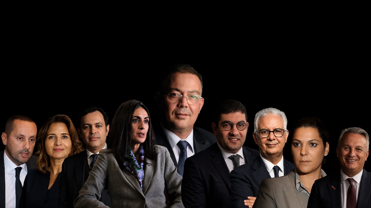 Au centre, Fouzi Lekjaa. A gauche, des ministres qui ne se présentent pas (Amine Tahraoui, Leila Benali, Younes Sekkouri et Nadia Fettah). A droite, des ministres candidats (Mehdi Bensaïd, Nizar Baraka, Fatima Zahra Mansouri et Karim Zidane).