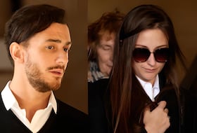 Saâd Lamjarred, à gauche, Laura Prioul, à droite, lors du procès qui les oppose au tribunal correctionnel de Paris, le 21 février 2023.