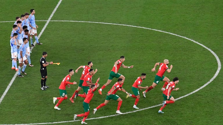 La célébration des Lions de l'Atlas contre l'Espagne, en Coupe du Monde Qatar 2022. 